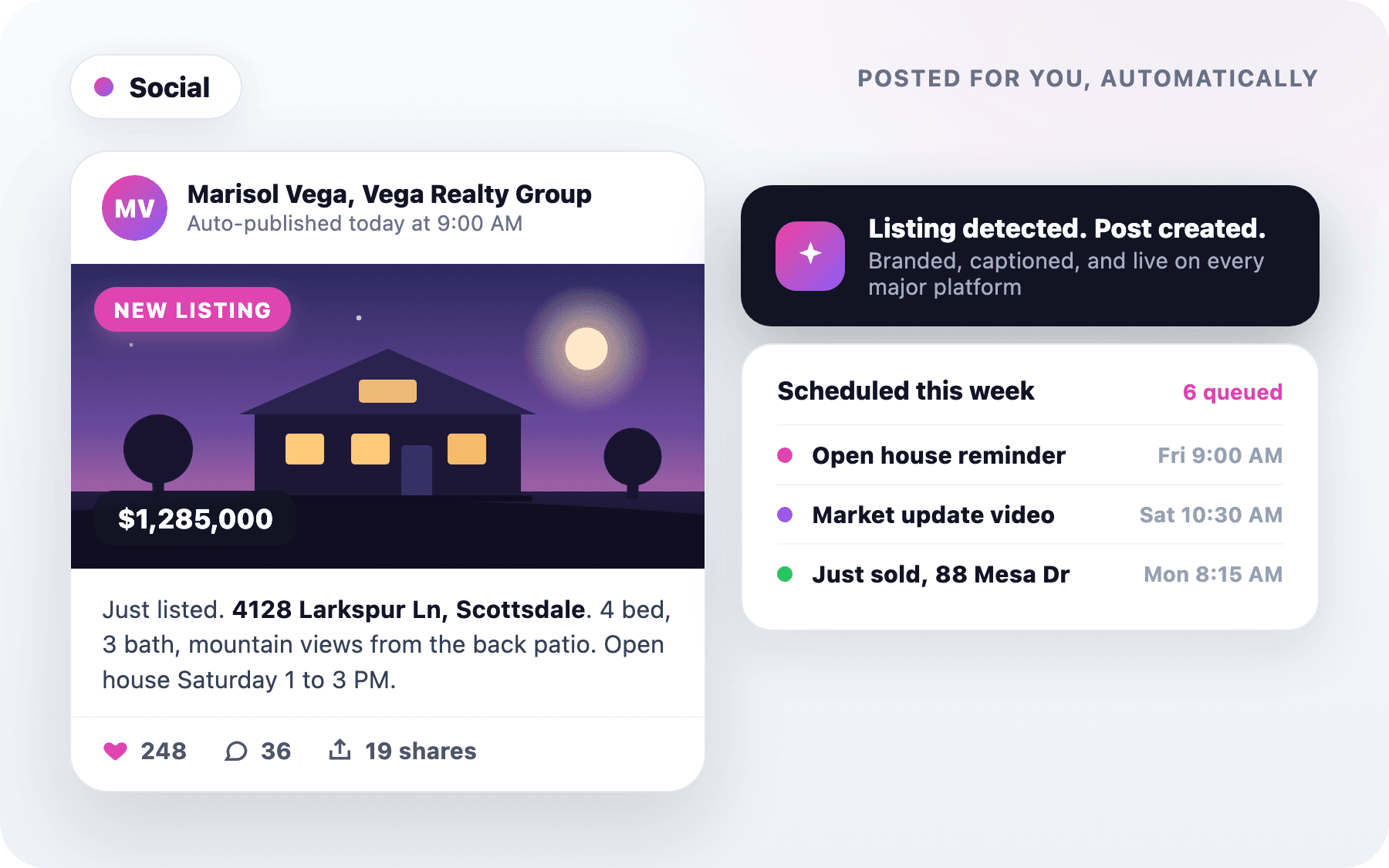 A branded listing post published automatically with engagement stats